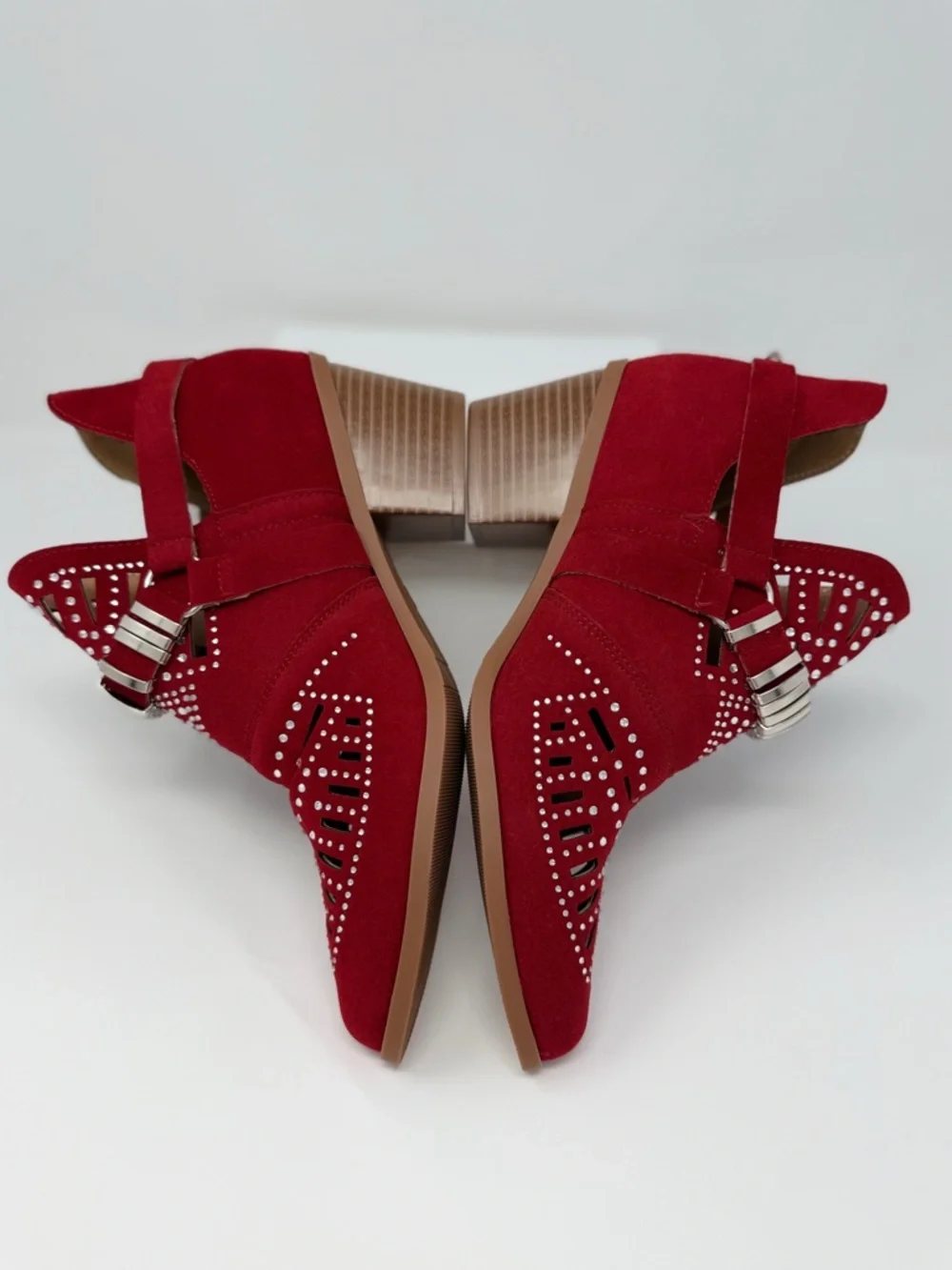 Red Rhinestone Western Ankle Boots Studded Cutout Buckle Booties Size 8 EU 39 - Picture 5 of 16